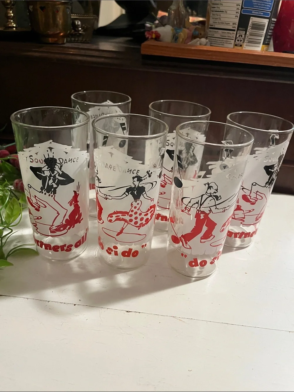 6 SQUARE DANCE MCM GLASSES 1950’s Do Si Do Dog Howling Crock Whiskey Jug VTG